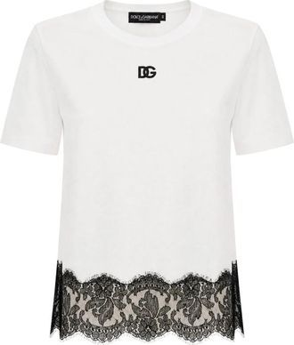 Dolce & Gabbana Jersey T-shirt met kant - Dames - T-shirts - Wit - XS - Katoen - Tops