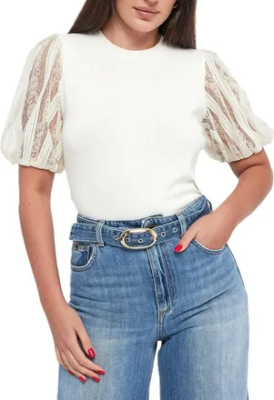 Twin-Set White Puff Sleeve Lace Detail Top
