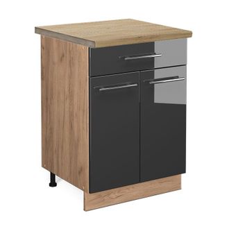 Vicco Mueble Bajo De Cocina Fame-line, Antracita Alto Brillo, 60 Cm Con Caj&oacute;n, Et Roble Vicco