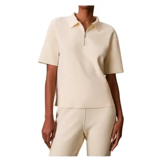 Calvin Klein Polo Shirts, female, Beige, Size: XS Tailored Knit Collar Zip Top