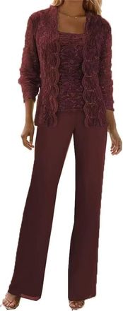 Generic 3 Pieces Lace Chiffon Mother of The Bride Pant Suits with Jackets Sequins Wedding Guest Dresses for Women (Burgundy,3XL)