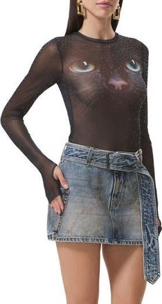 AFRM Kaylee Dew Drop Printed Long Sleeve Mesh Top in Black Cat at Nordstrom Rack, Size Large