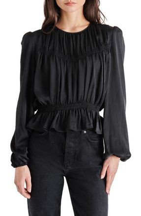 Steve Madden Pyper Ruched Satin Peplum Top in Black at Nordstrom, Size Small