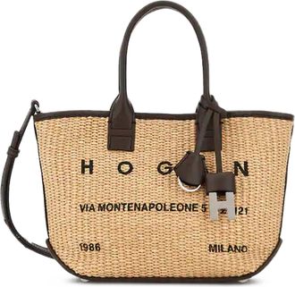 Hogan Mini Raffia Shopping Tote with Leather Accents