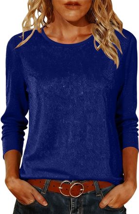 Generic Womens Shimmering Foil Print 3/4 Sleeve Blouse Elegant Round Neck Double Layer Mesh Tops Soft Breathable Fabric for Party Wear Sparkly Evening Events 