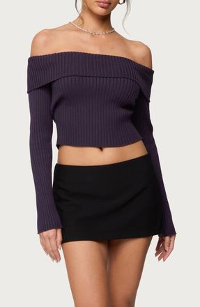 Edikted Lauren Foldover Off the Shoulder Rib Sweater in Purple at Nordstrom, Size X-Small