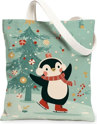 Generic Christmas Penguin Canvas Tote Bags, Cute Wildlife Design Reusable Bags, Winter Lightweight Washable Shoulder Strap for Trav, Mint, 13x15 Inch