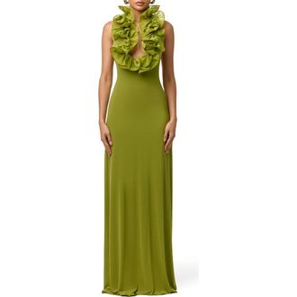 Naked Wardrobe Ruffle Plunge Halter Maxi Dress in Mojito at Nordstrom, Size X-Large