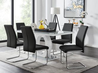 Furniturebox Giovani 6-Seater Grey Glass Dining Table & 6 Lorenzo Faux Leather Dining Chairs in Black
