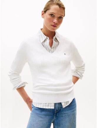 Tommy Hilfiger Womens Viscose-Blend V-Neck Sweater - White - XXL