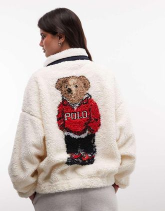 Polo Ralph Lauren felpa in pile borg con orsetto in ecru-Bianco