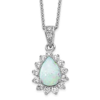 Diamond2Deal Sterling Silver Cabochon Lab Created Opal and Cubic Zirconia Teardrop Halo Necklace 18
