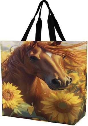 Generic Brown Horse with Sunflowers Reusable Shopping Bags Large Capacity Grocery Bag Heavy Duty Tote for Women 40x40x16cm