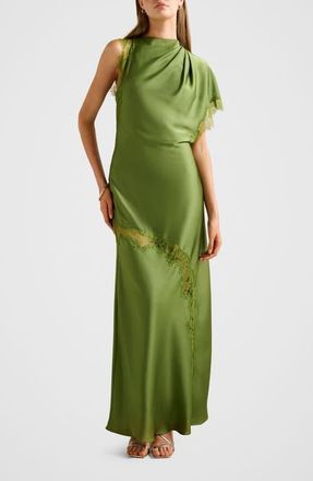 Ever New Kody One-Shoulder Satin & Lace Gown in Green at Nordstrom, Size 10