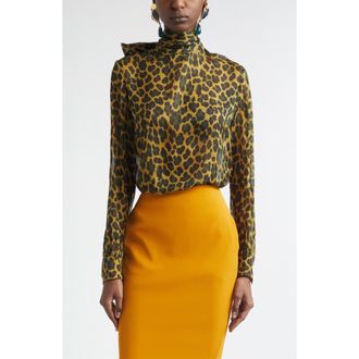 Saint Laurent Leopard Print Silk Top in Ocre/Vert at Nordstrom, Size 10 Us