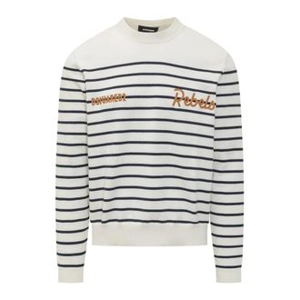 Dsquared2 Round-neck Knitwear, male, White, Size: 2XL Striped Knit Pullover