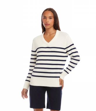 Karen Kane Stripe V-Neck Sweater In Off White With Navy