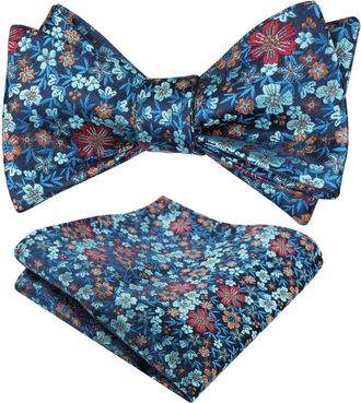 Alizeal Mens Self Tied Floral Classic Bow Tie and Pocket Square Colorful Wedding Party Bow Tie and Handkerchief Set, Teal+Rust