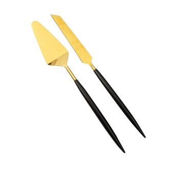 Classic Touch Set of 2 Shiny Gold Cake-Servers with Neat Black Handles