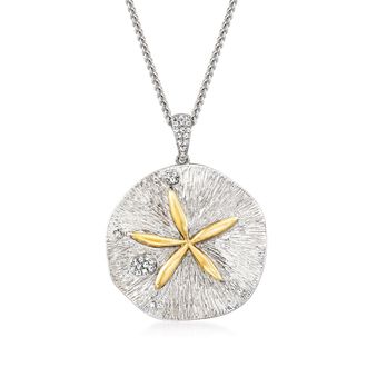 Ross-Simons Diamond Sand Dollar Pendant Necklace in Sterling Silver and 14kt Yellow Gold