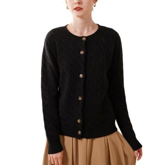 Dissa Women Cashmere Cardigan Black Crewneck Sweater Long Sleeve Relaxed Cashmere Wool Thick Cardigan Cable Ladies Sweater,12,SPR2330