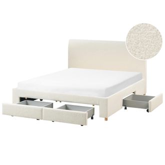 Beliani Cama Moderna Con Cajones Tapicer&iacute;a De Boucl&eacute; Con Somier De Listones 160 X 200 Cm Blanco Crema Soutrin