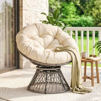 OUTSUNNY Swivel Rattan Papasan Moon Bowl Chair Round with Padded in Beige