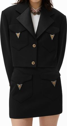 Versace Crop Stretch Wool Blazer in Black at Nordstrom, Size 44