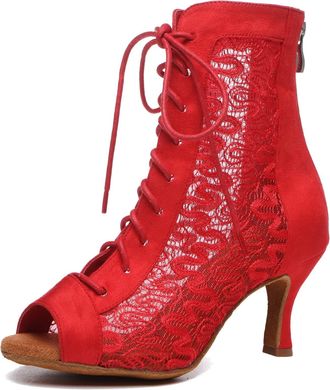 Minitoo Sexy Dance Heels for Women Elegant Open Toe Formal Party Evening Ankle Booties L546 Red 7.5cm Heel UK 6.5