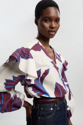 Karen Millen Womens Graphic Floral Cotton Sateen Woven Shirt viscose - Size 16 UK