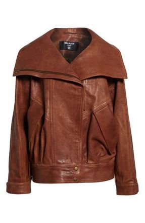 Balmain High Collar Leather Bomber Jacket in 8Eh Brown at Nordstrom, Size 10 Us