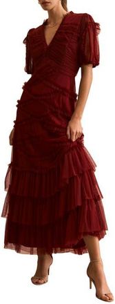 Mint Velvet Short Sleeve Tulle Ruffle Maxi Dress in Burgundy at Nordstrom, Size 12