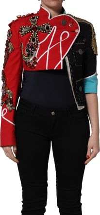 Dolce & Gabbana Womens Multicolor Asymmetrical Ornate Jewel Cropped Jacket Cotton Viscose Elastane Clothing