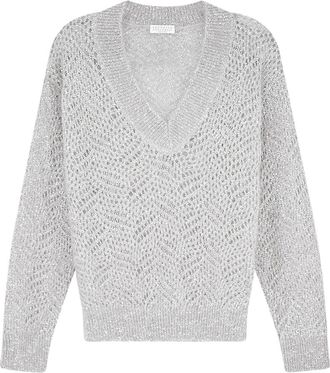 Brunello Cucinelli Maglione in misto mohair con motivo luminoso - - Knitwear - Donna - Grigio - S