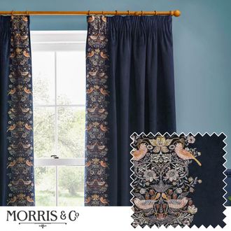 Morris & Co. Strawberry Thief Embroidered Velvet Room Darkening Pencil Pleat Curtain Pair in Indigo | Size: 168 cm width x 137 cm drop