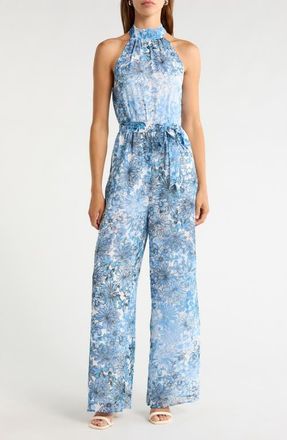 Sugarlips Tierra Floral Print Halter Jumpsuit in Blues at Nordstrom, Size X-Large