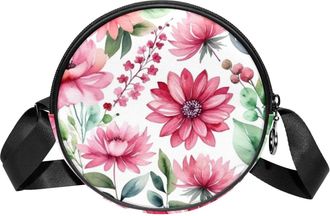 Generic Circle Crossbody Bag for Women, Floral Leaves Small Sling Bag Daypack with Zipper Adjustable Shoulder Straps Casual Ladies Girls Round Purse