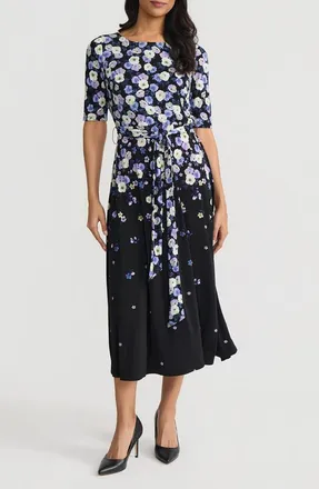 Kasper Floral Print A-Line Midi Dress in Black Multi at Nordstrom, Size 12