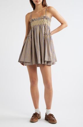 Damson Madder Lilo Smocked Plaid Minidress in Marmalade at Nordstrom, Size 12