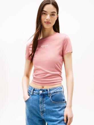 Tommy Jeans Kurzarmshirt TOMMY JEANS TJW SLIM ESSENTIAL LOGO2 TEE EXT, Damen, Gr. XXL (44), tahiti berry, Single Jersey, Obermaterial: 70% Baumwolle, 30% Viskose,