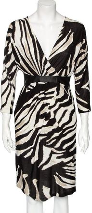 Roberto Cavalli Monochrome Printed Jersey & Leather Detailed Draped Dress