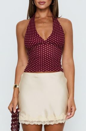 Princess Polly Whimsy Polka Dot Halter Top in Burgundy /Lemon Polka at Nordstrom, Size 12