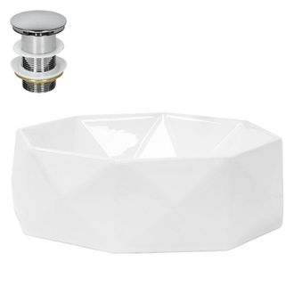ML Design Lavabo blanco de cer&aacute;mica con desag&uuml;e plateado sin reborsadero
