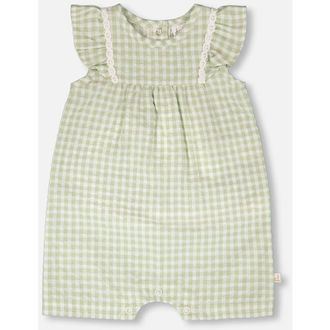 Deux par Deux Sleeveless Flutter Ruffles Gingham Romper in Green Gingham at Nordstrom, Size 12M