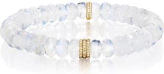 Sheryl Lowe YG Rainbow Moonstone 8mm Bead Bracelet with 3 Clustered Diamond Rondelles in Moonstone /14Kt Yellow Gold at Nordstrom, Size 7.25