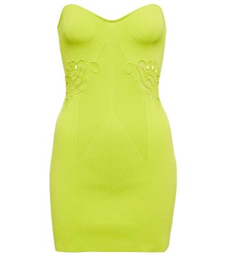 Self Portrait Lace-trimmed ribbed-knit minidress