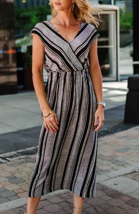 Bobeau Danielle Striped V-Neck Dress In Black