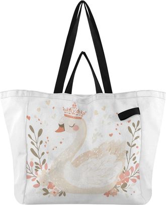 Generic Swan Floral Beige pattern Reusable Canvas Tote Bag, Heavy Duty Grocery Shopping Bag with Double Handles Hard Bottom Large Capacity Work Groceries Trav