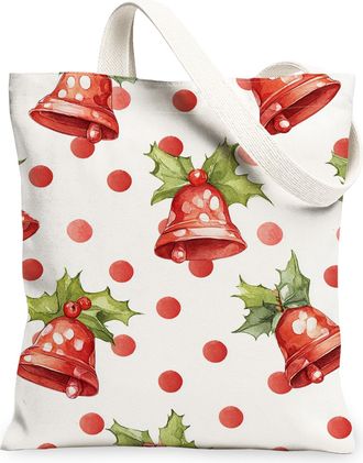 Generic Festive Canvas Tote Bags, Merry Holiday Bell Pattern Reusable Grocery Bags, Vibrant Seasonal Shopping Tote for Outdoor Travel Beach Picnic 13x15 Inch