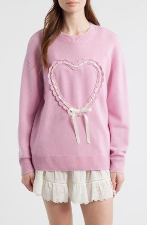 LoveShackFancy Juna Heart Bow Wool & Cashmere Sweater in Gumball at Nordstrom, Size X-Small